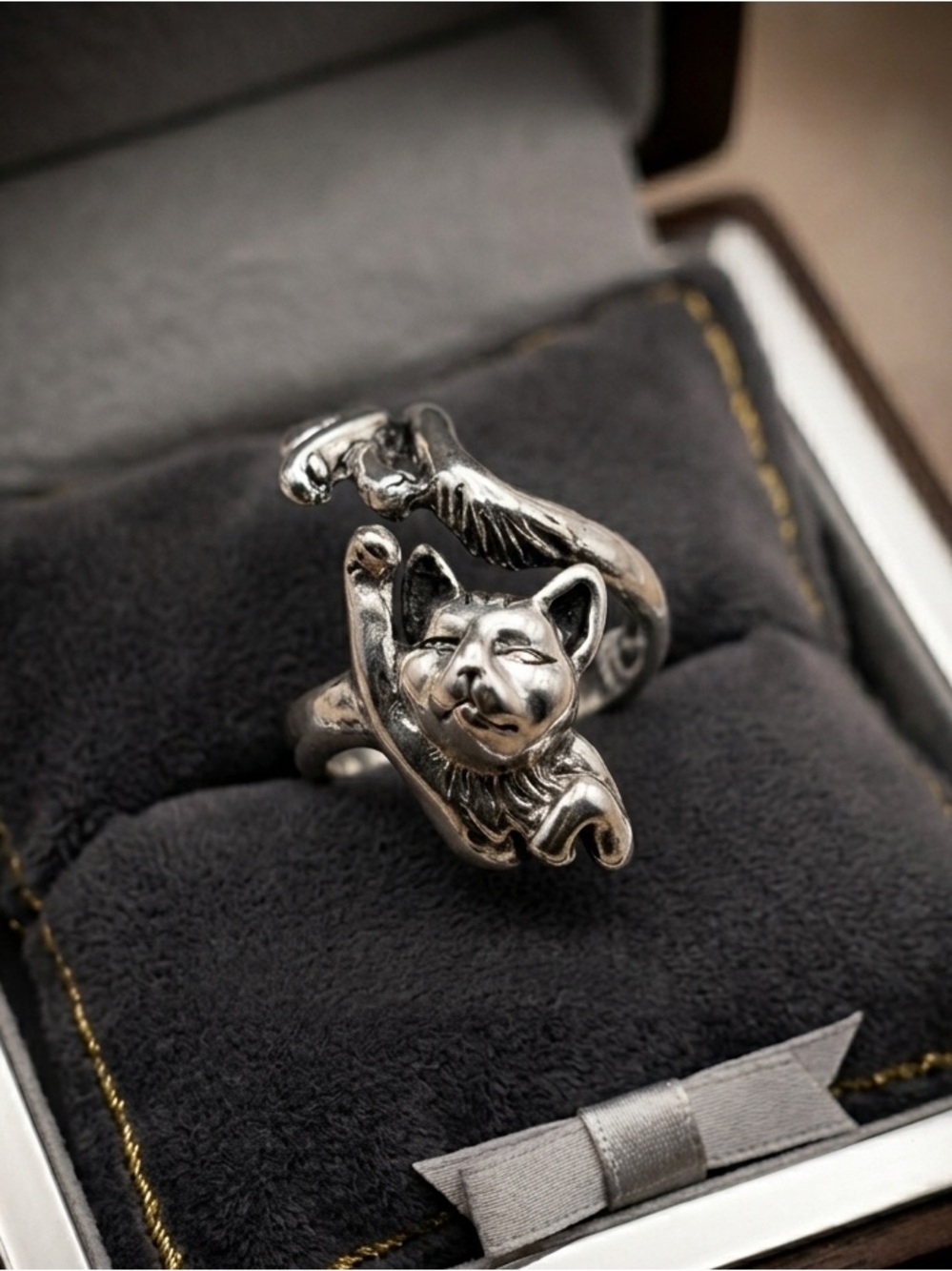 Whimsical Silver Plated Stretching Cat Bypass Ring
